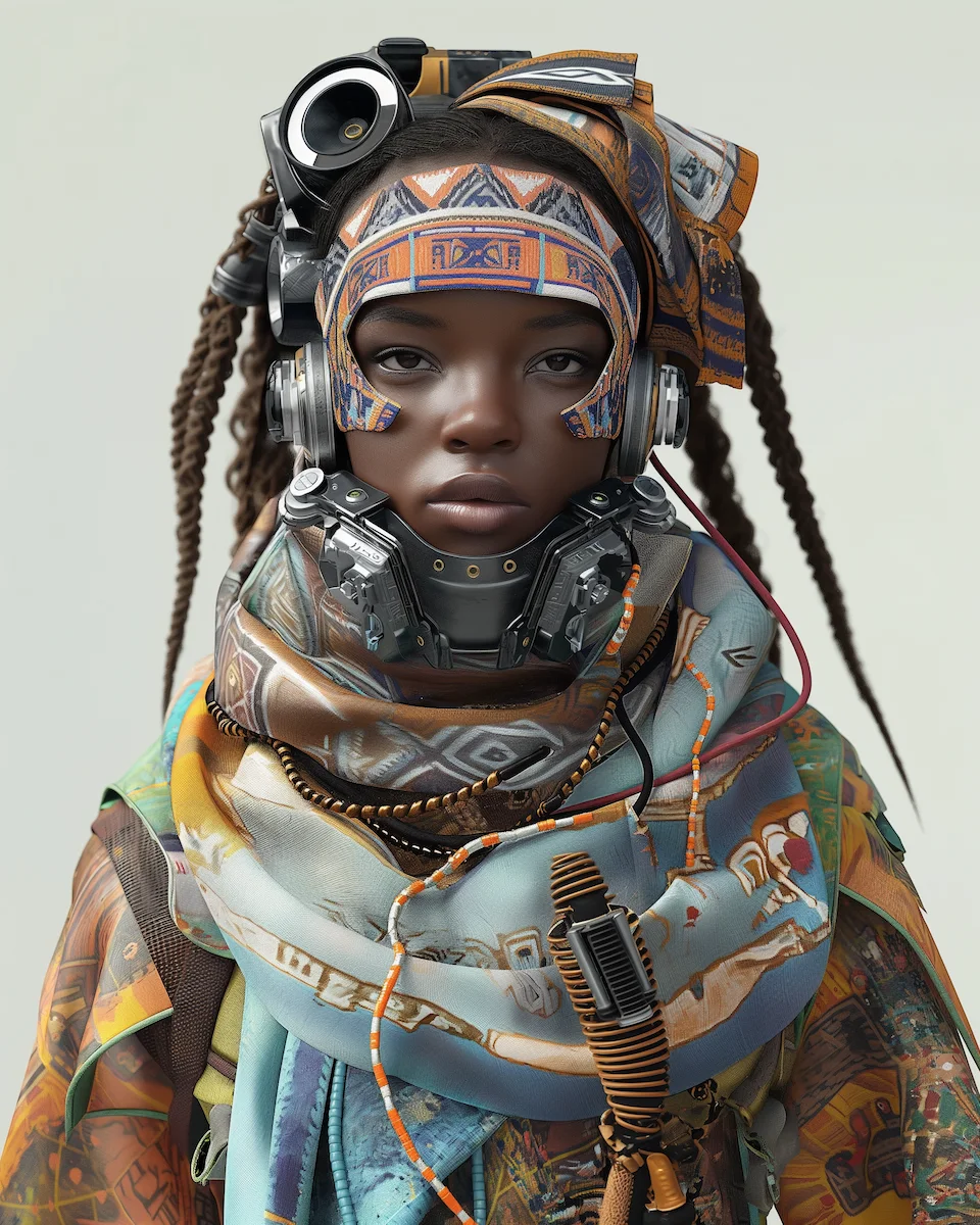 A model embodying the Nomadic Odyssey theme, showcasing futuristic fashion inspired by nomadic cultures worldwide.